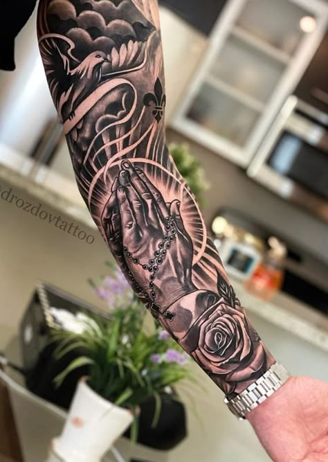 Tattoo Ideas To Fill In Sleeve, Front Shin Tattoo Men, Men Sleeve Tattoo Ideas Unique, Religious Tattoo Sleeves, Voll Arm-tattoos, Half Sleeve Tattoos Forearm, Cross Tattoo For Men, Men Tattoos Arm Sleeve, Forarm Tattoos