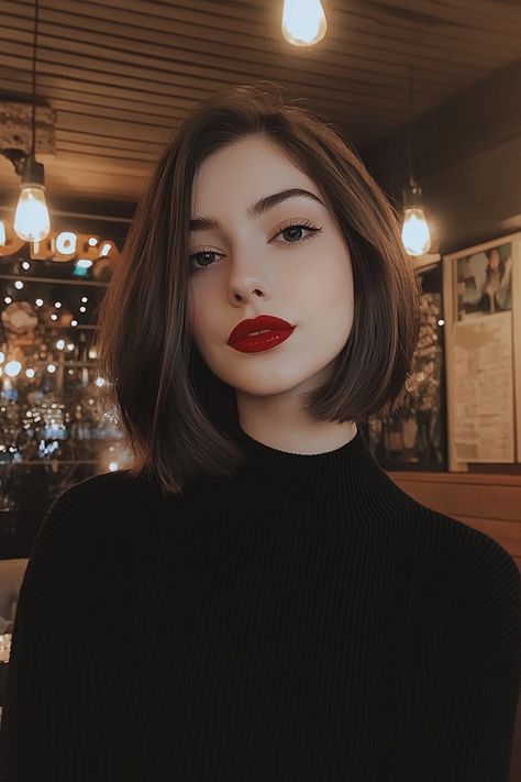 Woman with short dark hair and red lipstick in a dimly lit café with string lights. Classy Bob Hairstyles, Bob Hairstyles Women, Pretty Hair Cuts, Straight Across Bangs, Asymmetrical Style, Easy Hairstyles For Thick Hair, Hair Inspiration Long, Classic Bob, Hair Simple