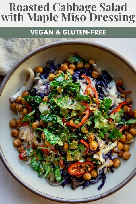 This Roasted Cabbage Salad is topped with an easy and creamy maple miso dressing, which helps load this bowl with flavor. Fresh, easy to make and packed with nutrients. Vegan Dinner Whole Foods, Easy Roasted Cabbage Salad, Vegan Hearty Salad, Roasted Cabbage Salad, Roasted Cabbage Recipes, Cabbage Bowl, Vegan Cabbage, Greek Quinoa, Veggie Salads