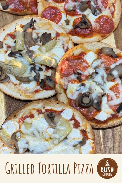 Pizza on the go! These Grilled Tortilla Pizzas are crispy and light with all the same flavors as your favorite pies. Choose your toppings and seasonings and grill to perfection! #bushcooking #campcooking #pizza Soft Taco Shell Recipe, Pizza Recipies, Tortilla Grill, Tortilla Pizzas, Taco Shell Recipe, Grilled Pizza Recipes, Recipes With Flour Tortillas, Kids Pizza, Tortilla Pizza