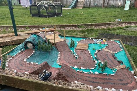 Diy Backyard Car Track, Outdoor Race Track, Outdoor Car Track For Kids, Monster Truck Diy, Monster Truck Tracks Diy, Monster Truck Outdoor Play Area, Backyard Monster Truck Track, Monster Truck Sand Pit Diy, Monster Truck Play Area