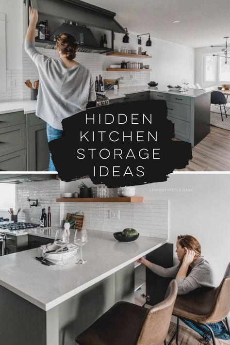 Hidden Kitchen Storage, Peninsula Kitchen, Kitchen Island Storage, Island Storage, Extra Kitchen Storage, Hidden Cabinet, Kitchen Peninsula, Kitchen Storage Ideas, Small Kitchen Island