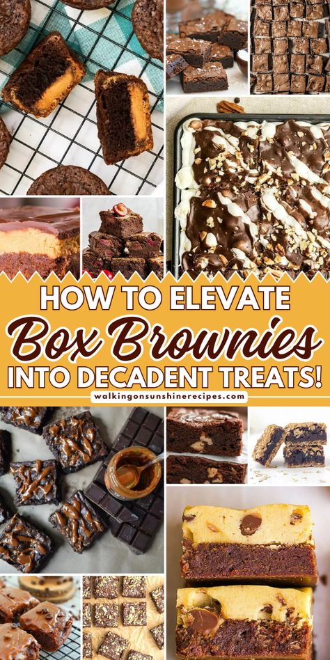 Learn how to elevate box brownies into decadent treats with surprisingly little effort! Recess Brownie Recipes, Brownie Ideas Desserts, What To Do With Boxed Brownies, Fudge Brownie Box Mix Recipes, Chocolate Chip And Brownie Bars, Decadent Brownies Recipe, Box Brownies Made Better, Everything Brownies, Cake Like Brownies From A Box How To Make