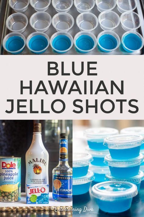 Shots With Coconut Rum, Hawaiian Jello Shots, Blue Pina Colada, Blue Hawaiian Jello Shots, Pina Colada Jello Shots, Tropisk Fest, Blue Jello, Pudding Shots, Jello Shot Recipes