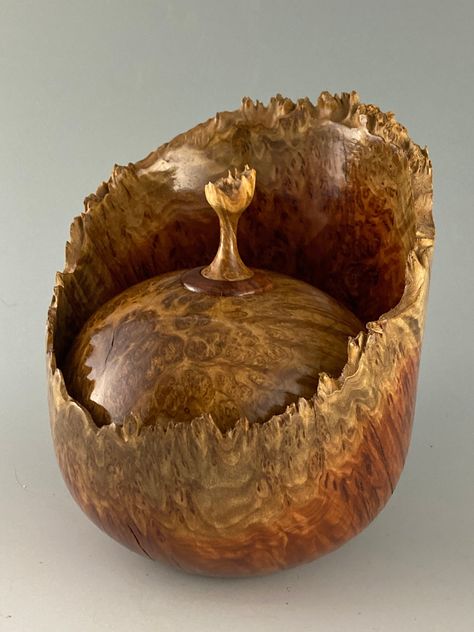 One of a kind Natural edge, lidded bowl turned from an Australian Red Mallee Burl with a Brown Mallee burl lid with finial.  Hand turned and finished to accentuate the natural beauty of the wood. Finished in multiple steps to bring out the beautiful figure of the wood and to seal and protect the turning. Makes a unique keepsake or gift. Wood Turning Projects Awesome Ideas, Ethereal Decor, Turned Boxes, Metal Lathe Projects, Turned Vase, Woodturning Projects, Wood Turned Bowls, Woodturning Art, Wood Burl