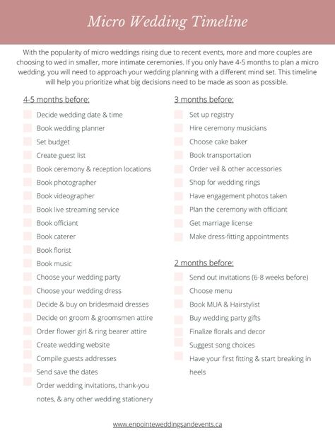 Due to recent events, we understand how some couples may not want to wait to get married. If you only have 4-5 months to plan a micro wedding, you will need to approach your wedding planning with a different mind set. Download our micro wedding timeline to help you prioritize and make those big decisions as soon as possible. Small Wedding Planning Timeline, 1 Month Wedding Checklist, 4 Month Engagement Timeline, 5 Month Engagement Timeline, How To Have A Micro Wedding, Wedding Planning Short Engagement, Short Notice Wedding Planning, Micro Wedding List, Plan A Wedding In 3 Months Checklist