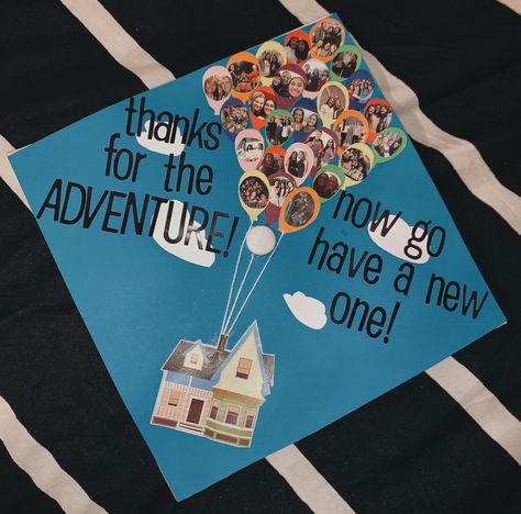 I added a personal touch by putting pictures on the balloons :) Up Grad Cap Ideas, Pixar Graduation Cap, Movie Graduation Cap, Up Graduation Cap, Graduation Cap Designs Disney, Graduation Cap Decoration Nursing, Disney Themed Bedrooms, Disney Graduation Cap, Disney Graduation