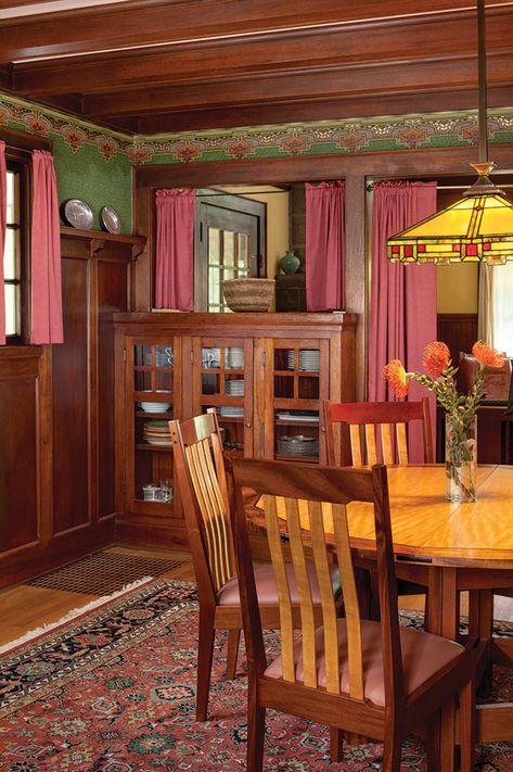 Craftsman Curtains, Arts And Crafts Dining Room, 1910 House, Color Tile Backsplash, Craftsman Interior Design, Craftsman Dining Room, Craftsman Interiors, Arts And Crafts Style Homes, Craftsman Living Room