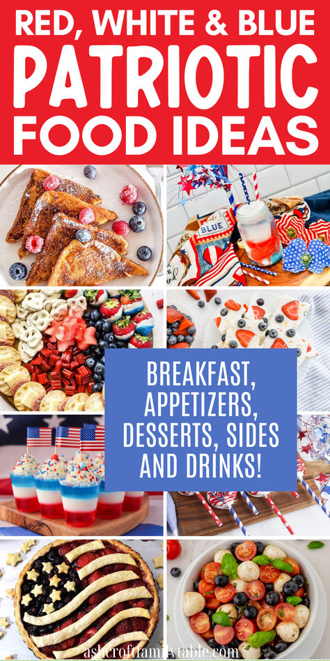 Collage of patriotic food ideas for Memorial Day. Memorial Day Food Ideas For Kids, Memorial Day Charcuterie Board Ideas, Memorial Side Dishes, 4th Pf July Food Ideas, Memorial Day Snack Ideas, Memorial Day Kids Food, Memorial Day Themed Food, America Themed Food, Food Ideas For 4th Of July Party