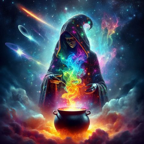 Magical Creatures Mythology, Rainbow Witch, Fantasy Backgrounds, Earth Air Fire Water, Fairy Illustration, Wiccan Witch, Moon Clouds, Air Fire, Fantasy Background