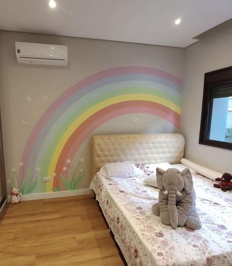 Rainbow Unicorn Bedroom Girl Rooms, Rainbow Toddler Room Girls Bedroom, Rainbow Bedroom Girl, Rainbow Room Paint, Toddler Rainbow Room, Rainbow And Unicorn Bedroom, Girl Rainbow Room, Rainbow Room Kids Girl Bedrooms, Rainbow Toddler Room