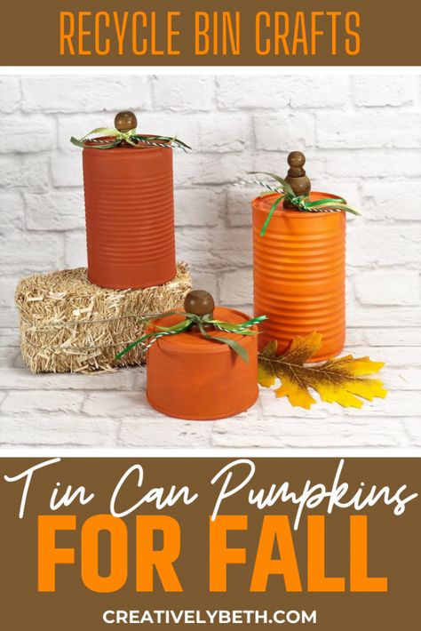 Fun Fall Decor, Recycled Tin Cans, Brick Background, Recycle Bin, Quick And Easy Crafts, Recycle Cans, Fun Halloween Crafts, Recycled Tin, Tin Can Crafts