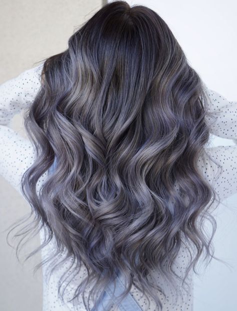 Steel Blue Balayage, Mommy Hair Makeover, Werewolf Oc, Blue Balayage, Balayage Asian Hair, Bold Highlights, Blue Grey Hair, Pepper Hair, Funky Colors