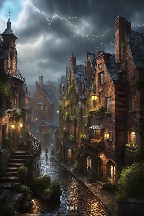 Charming Rainy Cityscapes: Explore Moody Urban Art Dark Village, Fantasy Cityscape, Dnd Places, Fantasy Cottage, Rainy City, Digital Journaling, Fantasy Drawings, Fantasy Book, Beautiful Villages