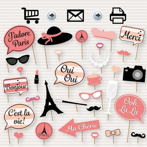 Paris Photo Booth, Paris Party Ideas, Paris Themed Party, Paris Party Decorations, Photo Booth Printables, Paris Themed Birthday Party, Paris Bridal Shower, French Party, Printable Props