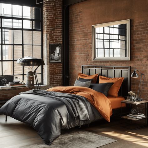 Industrial Elegance Black And Rust Bedroom Idea Image Rust Bedroom Ideas, Black And Copper Bedroom, Black And Rust Bedroom, Bright And Airy Bedroom, Rust Bedroom, Modern Outdoor Seating Area, Charcoal Bedroom, Black And Grey Bedroom, Modern Outdoor Seating