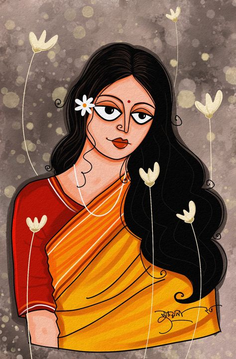 Illustration By Suchayana (don't copy or Steal) Women Illustration, Bengali Art, Modern Art Canvas Painting, Small Canvas Paintings, Indian Folk Art, Painting Art Lesson, Modern Art Paintings, Girly Art Illustrations, Indian Art Paintings