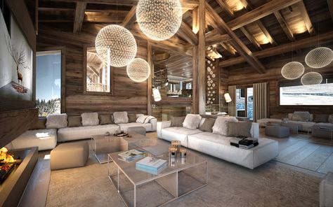 Chalet in Megève France on Behance Ski Chalet Lighting, Luxury Chalet Interior, Chalet Interior Design, Tiny House Towns, Luxury Chalet, Hill Country Homes, Chalet Interior, 3d Architecture, Cabin Interiors