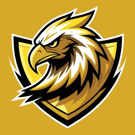 A powerful golden eagle head against a vibrant yellow backdrop, showcasing strength and intensity, Golden Eagle Logo and Mascot Illustration, Dynamic Graphic Golden Eagle Illustration, Falcon Logo Design Ideas, Eagle Mascot Logo, Eagle Logo Design Creative, Eagle Logo Design Graphics, Cricket Logos, Golden Eagle Logo, Eagle Logo Design, Eagle Illustration