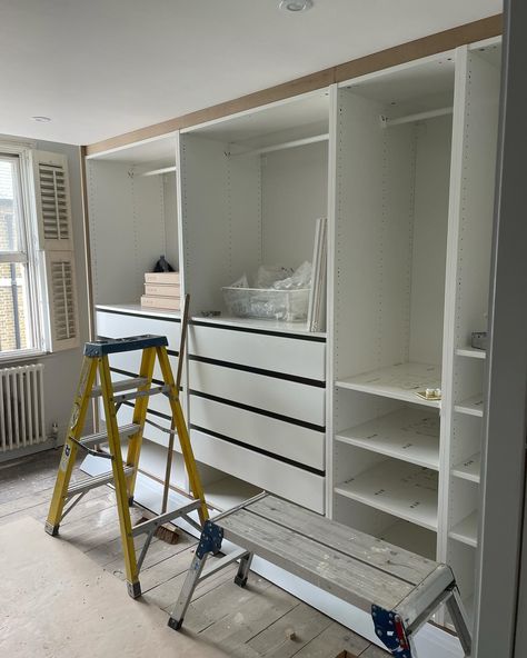 IKEA PAX wardrobes in the making. Here’s a glimpse of the internal configuration of the PAX wardrobes in the master bedroom at our Richmond project. Alongside this 3m wall I designed the layout to include: - 2x 100cm wide wardrobes each with a combination of rail and draw space. - 2x 50 wide wardrobes for longer clothes, shelving and suits. They were taken right up to the ceiling making them look built-in, a side panel was added on the far left side to hide the carcass, and all doors w... Wardrobe Cabinet Bedroom, Wardrobe Internal Design, Draw Space, Room Sketch, Wall Wardrobe Design, Cabinet Bedroom, Ikea Pax Wardrobe, Wardrobe Cabinet, Pax Wardrobe