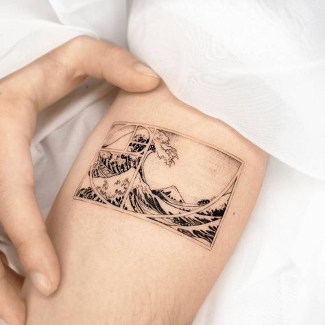 "The Great Wave Off Kanagawa" tattoo on the inner Wave Off Kanagawa Tattoo, Great Wave Off Kanagawa Tattoo, Kanagawa Tattoo, Japanese Wave Tattoos, Beach Tattoo Ideas, Swimming Tattoo, Tattoo Inspiration Men, Beach Tattoo, Sand And Sea