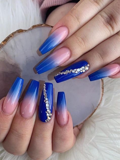 Long coffin-shaped royal blue ombre nails with rhinestone accents Ombre Nail Colors, Orange Ombre Nails, Blue Prom Nails, Red Ombre Nails, Purple Ombre Nails, Blue Ombre Nails, Blue And White Nails, Royal Blue Nails, Unghie Nail Art