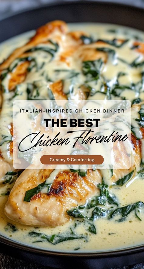 Chicken Florentine is an Italian-inspired dish that combines tender, pan-seared chicken breasts with a creamy, garlicky Parmesan sauce, enhanced by fresh spinach and Italian herbs. Chicken Florentine Crockpot, Crockpot Chicken Florentine, Fancy Chicken Dinner, Chicken Alfredo With Spinach, Shrimp Florentine, Chicken And Spinach Recipes, Creamy Chicken Florentine, Chicken Spinach Recipes, Chicken Florentine Pasta