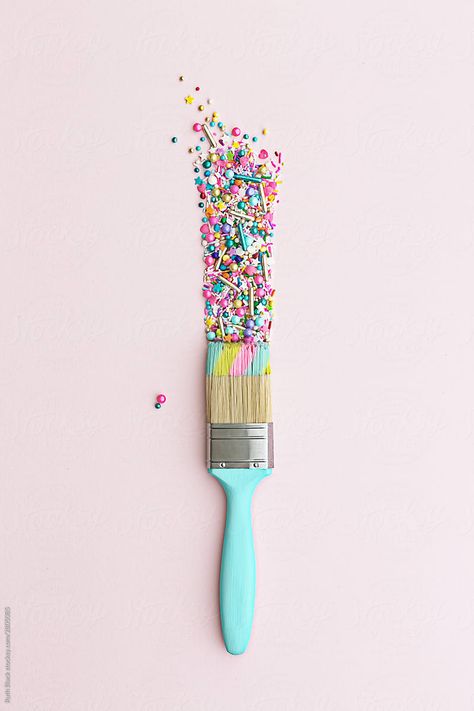 Paintbrush and colorful cake sprinkles by Ruth Black - Paintbrush, Sprinkles - Stocksy United Pink Background, Painting Ideas, Sprinkles, Canvas Painting, Pastel, Canvas, Wall, Pink, Art