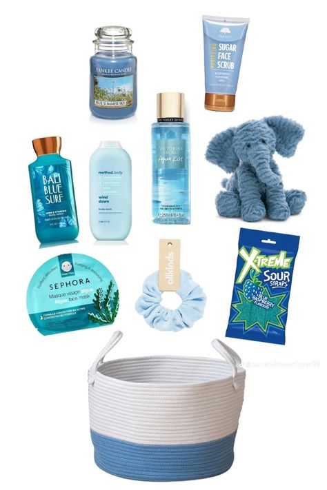 Birthday Basket Blue, Blue Burr Basket Ideas, Light Blue Gift Basket Ideas, Blue Gift Basket Ideas For Women, Gift Basket Ideas Blue, Beach Basket Ideas, Blue Birthday Basket, Beach Basket Gift Ideas, Blue Gift Basket Ideas