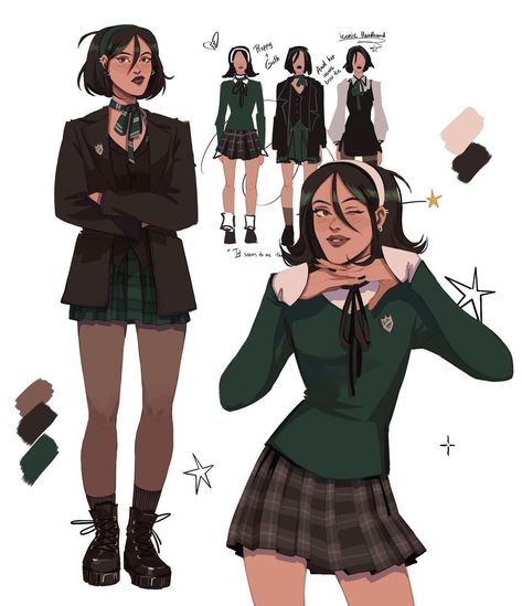 Harry Potter Uniform Aesthetic, Narcissa Malfoy Outfit Ideas, Hogwarts Uniform Redesign, Pansy Parkinson Outfits, Hogwarts Uniform Drawing, Hermione And Pansy, Hp Uniform, Harry Potter Oc Character, Pansy Parkinson Fanart