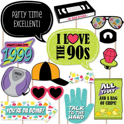 90s Photo Booth, 90s Party Ideas, 90s Party Decorations, Throwback Party, Diy Photo Booth Props, Party Photo Booth Props, 90s Theme Party, 90s Throwback, 90's Birthday Party