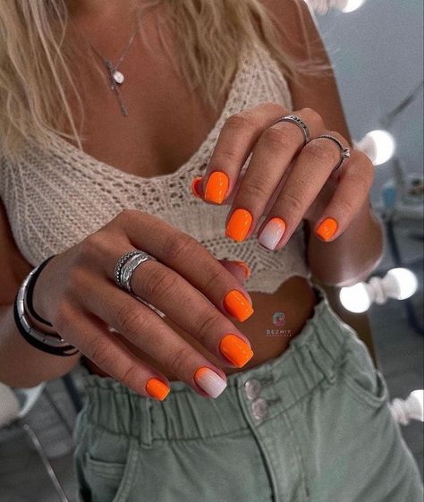 Sparkly Neon Nails, Short Square Gel Nails Summer, Neon Nail Ideas Summer Square, Neon Short Nails, Neon Nails Short, Short Neon Nails, Neon Orange Nails, August Nails, Summer Gel Nails