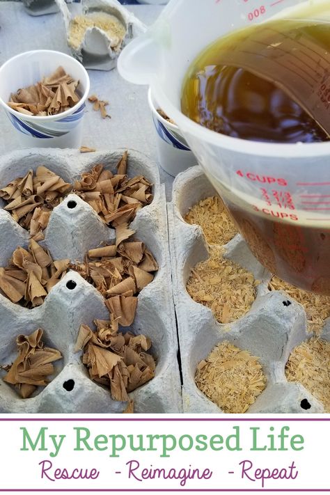 Wood shavings and wax make great fire starters. These fire starters really help your logs light easily without stuffing tons of newspapers or using those quick start logs with chemicals. Perfect for the backyard, or campsite-even in your fireplace. #MyRepurposedLife #firepit #campfire #firestarter #diy #fireplace Sawdust Fire Starters, Firestarters Diy, Homemade Fire Starters, Fire Starters Diy, Candle Upcycle, Log Candle Holders, Hanging Craft Ideas, Wood Shavings, Log Candles