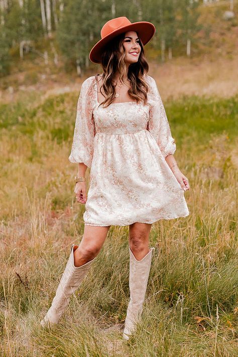 Wildflower Meadows Tulle Dress Amber Massey X Pink Lily Plus Size Dresses With Cowboy Boots, Flower Dress With Boots, Brown Cowboy Boots With Dress, Western Dance Dress, Short Wedding Dress Cowboy Boots, Plus Size Dress With Boots, White Fall Dresses, Dress With Boots Wedding Guest, Wedding Guest Dress With Cowboy Boots