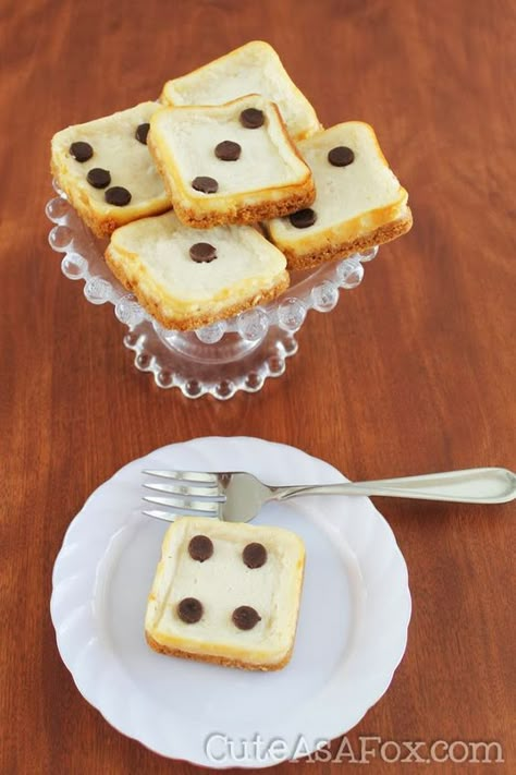 Every time I host Bunco (Bunko) I try to come up with a themed craft or food item. I just think it’s a lot of fun and makes Bunco special. This year I decided to get out my square mini brownie pan and make some mini cheesecake dice. I think they turned out so cute and delicious too! Mini... Dessert For Bunco Party, Bunco Dessert Ideas, Dice Dessert, Bunco Desserts, Bunko Food, Bunco Snacks, Bunco Food, Dice Making, Bunco Themes