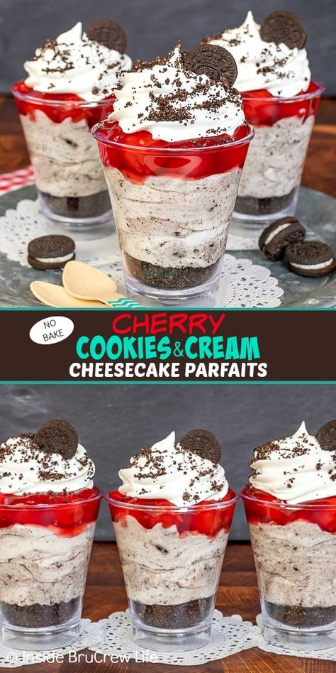 Cheesecake Cherry, Cookies And Cream Cheesecake, Cheesecake Oreo, Dessert Cups Recipes, Mason Jar Desserts, No Bake Recipe, Cheesecake Parfaits, Parfait Cups, Mini Dessert Cups