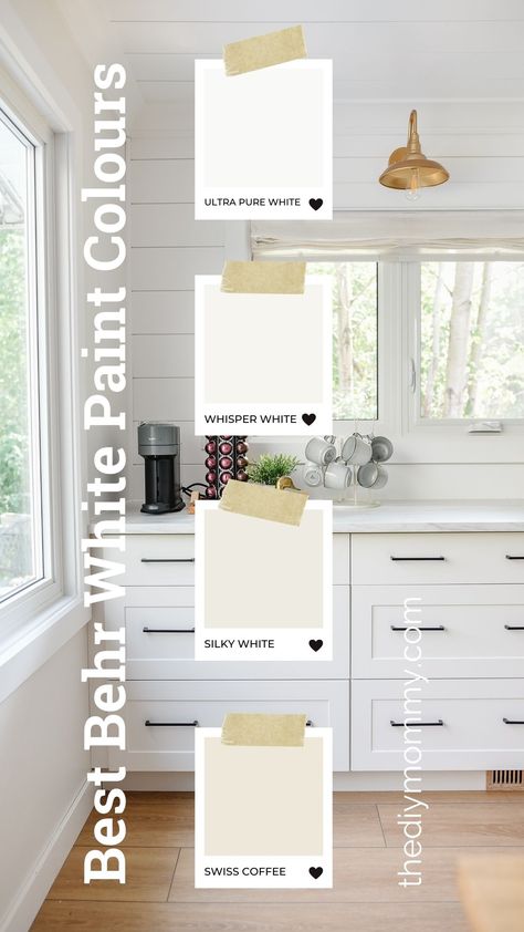 Best White Bathroom Paint Colors, Behr White Trim Colors, Top Behr White Paint Colors, White Paint By Behr, Behr Trim Paint White, Best White Paint For Walls 2023, Paint Color With White Trim, Farmhouse White Paint Behr, Behr White Cabinet Colors