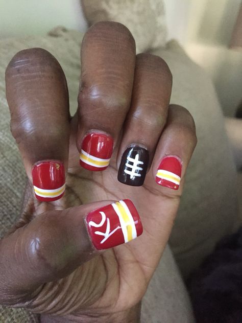 My KC Chiefs Nails Kc Chiefs Nails Simple, Chiefs Nails Design Kansas City, Kansas City Chiefs Nail Art, Kansas City Chiefs Nail Designs, Chiefs Nail Ideas, Superbowl Nails, Super Bowl Nails Chiefs, Alabama Football Nails, Kansas City Chiefs Nails