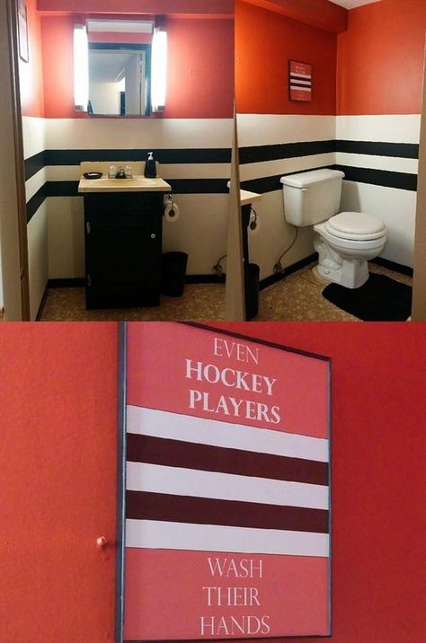 Hockey Bathroom Ideas, Hockey Bathroom, Hockey Bedroom, Nj Devils, Basement Bathroom Remodeling, Hockey Room, Boys Hockey, Themed Rooms, Hockey Life