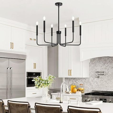 Embracing a rustic and industrial style, this farmhouse chandelier features 6 elegantly simple lamp arms. The structure is solid, and the surface is finished with matte black, showcasing a classic and simple aesthetic. This black chandelier light fixture can be used in various spaces such as the kitchen island, bedroom, foyer, dining table, living room, entryway, farmhouse, and office. Dining Light Fixtures, Dining Light, Linear Pendant Lighting, Hallway Light Fixtures, Dining Room Industrial, Chandelier For Dining Room, Simple Lamp, Bedroom Foyer, Bedroom Light Fixtures