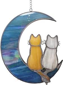 Moon Real, Cat On Moon, Cat And Moon, Cat Stain, Glass Suncatchers, Glass Cat, Cat Window, Stained Glass Decor, Stained Glass Window Hanging