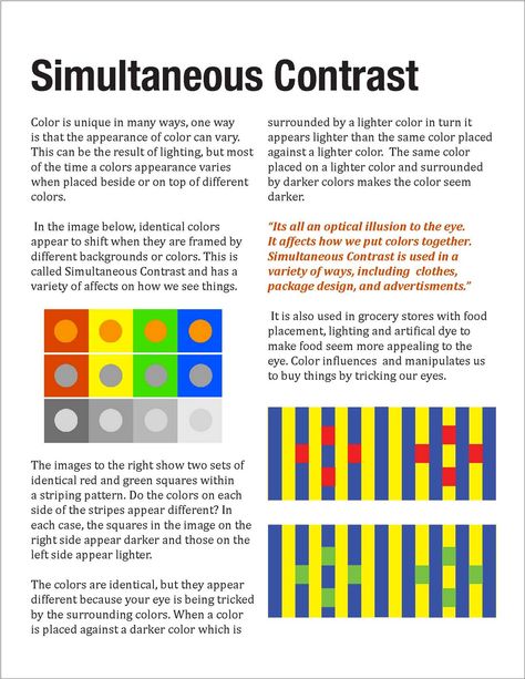 Color Theory: Simultaneous Contrast | whenever two different colors come into direct contact, their similarities seem to decrease and the dissimilarities seem to be increased | placing a color next to its complement will appear to increase the color's intensity [Ocvirk (1998), Art Fundamentals: Theory and Practice, Eighth Edition, Chapter 7] Simultaneous Contrast, Color Theory Painting, Art Fundamentals, Color Theory Art, Color Lessons, Painting The Roses Red, Art Essentials, Art Theory, Colour Theory