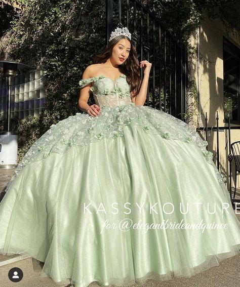 Quinceanera Dress Sage Green, Princess And The Frog Dama Dresses, Princess In The Frog Sweet 16 Dress, Quinceanera Dresses Light Green, Enchanted Forest Quinceanera Dresses, Princess Dress Ball Gowns, Enchanted Forest Theme Quinceanera Dress, Sage Green Quince Dress, Light Green Quinceanera Dresses