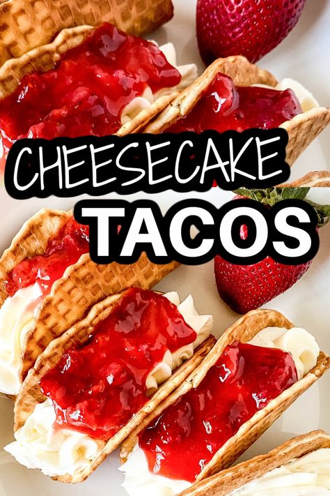 Waffle Cone Maker Ideas, Waffle Cone Maker Recipes, Cheesecake Tacos Easy, Ice Cream Tacos Waffle, Strawberry Cheesecake Cones Recipe, Taco Dessert Ideas Easy Recipes, Cheesecake Waffle Cone Recipe, Strawberry Taco Dessert, Waffle Cone Desserts