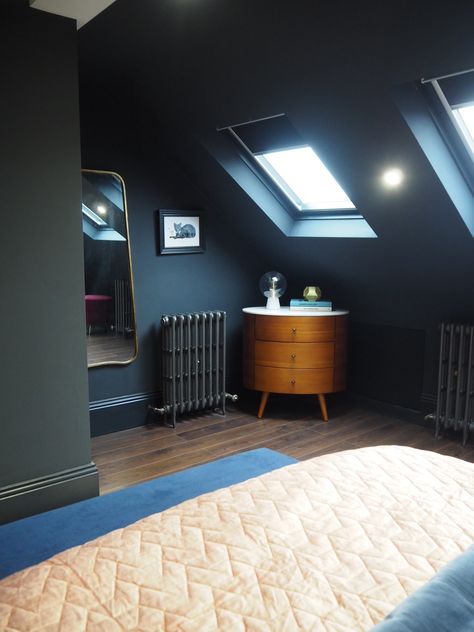 Attic Rooms Low Ceiling, Low Ceiling Bedroom, Loft Conversion Bedroom, Grown Up Bedroom, Navy Bedrooms, Attic Bedroom Designs, Mid Century Bedroom, Bedroom Updates, Dark Bedroom