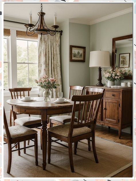 Looking to create a cozy and charming dining room with rustic vibes? Check out these 9 useful dining room rustic ideas and tips! From farmhouse-inspired furniture to warm lighting, discover how to transform your space into a welcoming haven for family and friends. Elevate your décor with these rustic touches and create a dining room that exudes warmth and character. Get inspired now! Dining Corner In Living Room, Accent Decor Pieces, Antique Dresser Living Room Decor, Hexagon Dining Room, Two Story Home Decor Ideas, Interior Design With Antiques, Cottage Living Dining Room, Traditional Green Dining Room, Quaint Dining Room