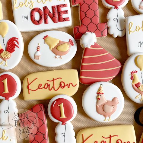 holy cluck I'm one cookies, first birthday cookies, chicken cookies, rooster cookies, 1st birthday cookies Rooster Cookies, Cookies First Birthday, Chicken Cookies, 1st Birthday Cookies, First Birthday Cookies, Fully Booked, First Birthday Party Themes, 10k Followers, Birthday Cookies