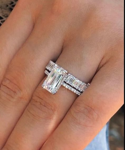 Emerald Cut Wedding Set Stack, Ring Stack Emerald Cut, Platinum Emerald Cut Engagement Ring, Emerald Cut Ring With Wedding Band, Emerald Cut Wedding Stack, Emerald Engagement Ring With Band, Solitaire Ring With Band, Thick Diamond Wedding Band, Emerald Cut Wedding Set