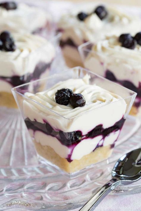 Blueberry Maple Mini Cheesecake Parfaits - an easy no-bake dessert recipe perfect for parties with a gluten free almond meal crust and @WymansofMaine frozen wild blueberries. #AD Best Summer Desserts, Cheesecake Parfaits, Parfait Desserts, Blueberry Desserts, Thanksgiving Food Desserts, Easy No Bake Desserts, Summer Dessert Recipes, Cheesecake Desserts, Blueberry Cheesecake