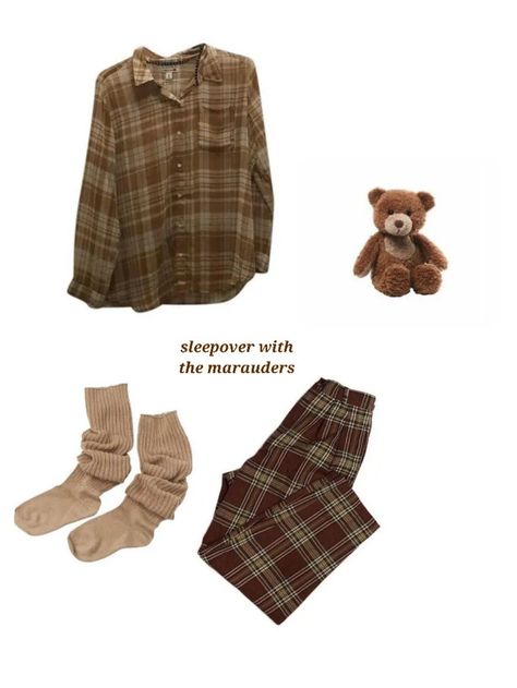 Dark Academia Pajamas Aesthetic, Cozy Academia Aesthetic Outfit, Mauraders Outfits, Marauders Aesthetic Outfits, Dark Academia Pajamas, Marauders Era Outfits, Brown Pajamas, Harry Potter Pajamas, Hogwarts Fashion